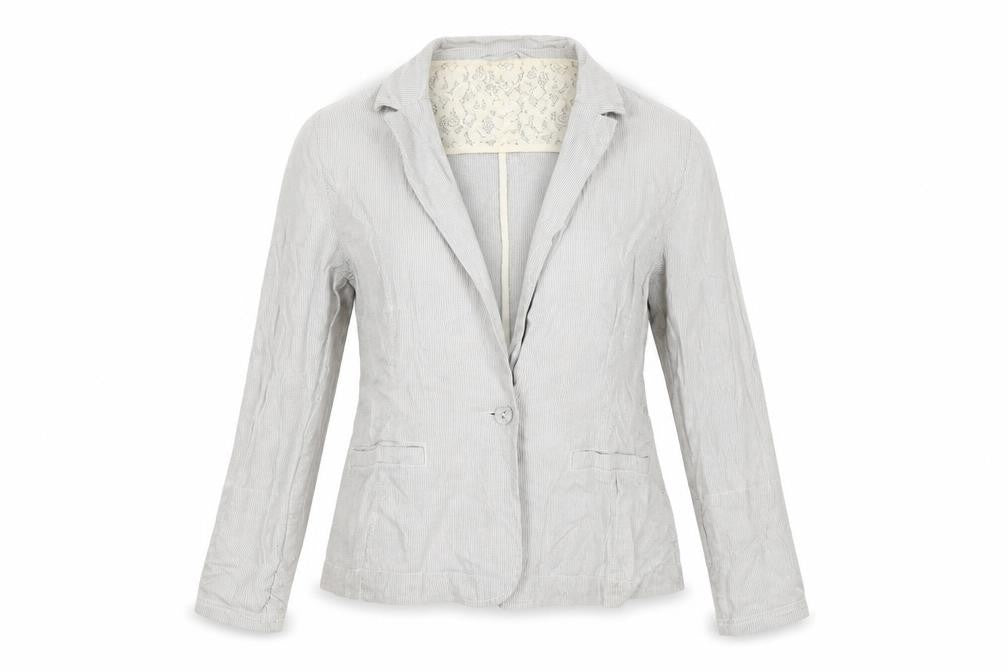Front view of Marks & Spencer women’s grey striped jacket, size UK 12