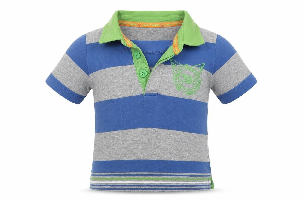 Front view of St. George by Duffer boys’ blue striped basic polo, size 18-24, months