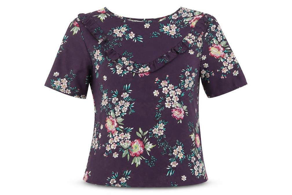 Front view of Peacocks women’s purple floral mesh basic blouse, size UK 8