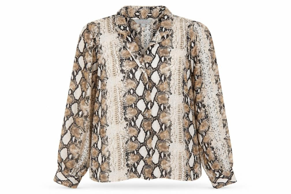 Front view of Dorothy Perkins women’s brown animal print basic button-up, size UK 12