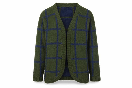 Front view of ASOS women’s green check knit cardigan jumper, size UK 4