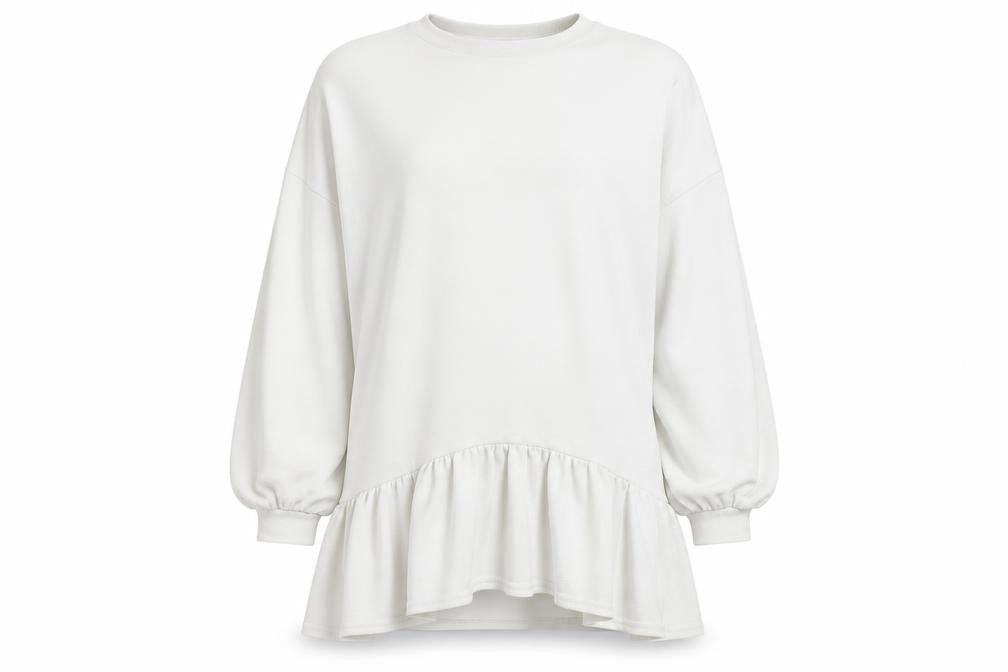 Front view of Boohoo women’s white jersey pullover sweatshirt, size UK 8