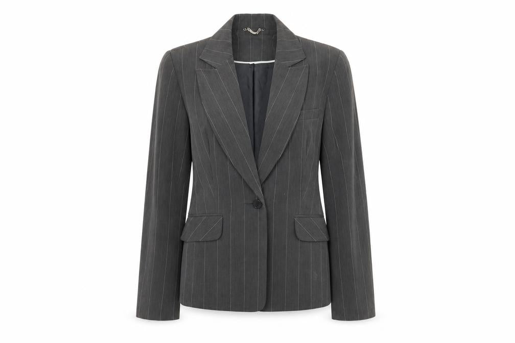 Front view of Select women’s grey striped jacket blazer, size UK 10