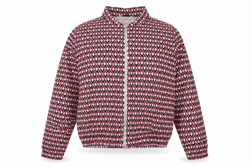 Front view of Innocence women’s red geometric full zip sweatshirt, size UK 14