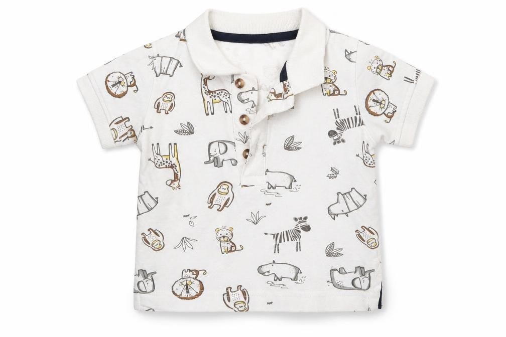 Front view of Primark boys’ white animal print basic polo, size 3-6, months - animals