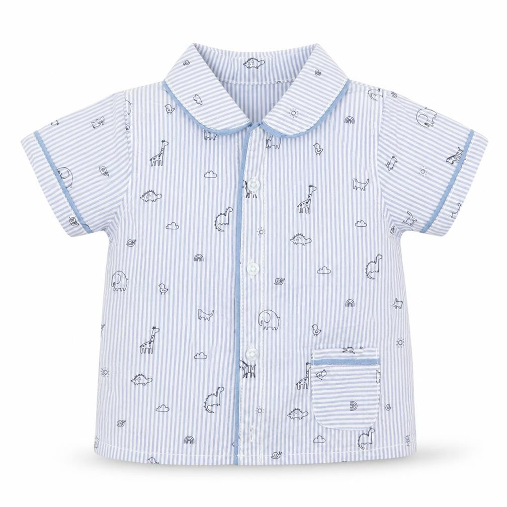 Front view of George boys’ black striped basic button-up, size 6-9, months - animals