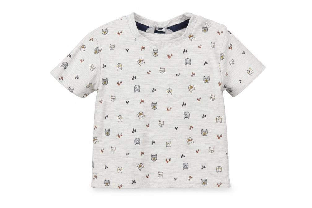 Front view of Primark Baby Grey Basic T-Shirt, size 6-9, Months - Cat Print