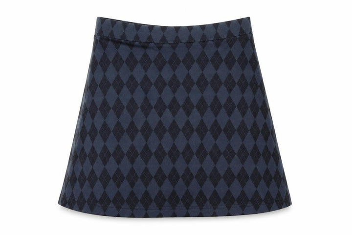 Front view of Mario Omar women’s blue geometric a-line skirt, size UK 14