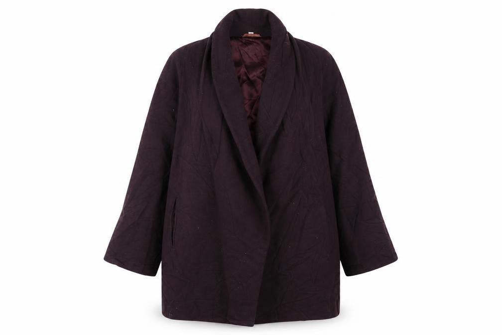 Front view of Preworn women’s purple overcoat coat, size M