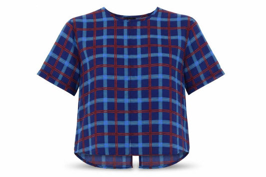 Front view of Heart and Soul women’s blue check basic blouse, size UK 16