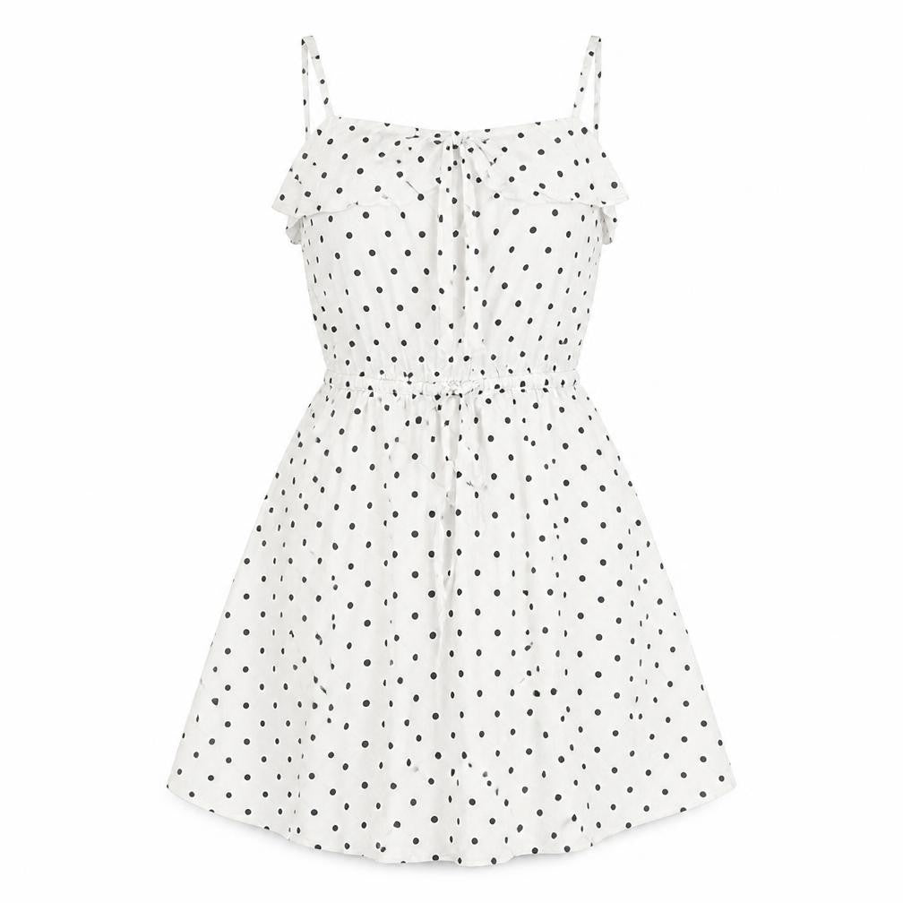 Front view of H&M women’s white polka dot fit & flare, size UK 8