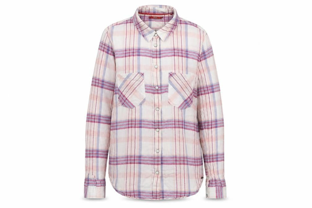 Front view of edc by Esprit women’s white check basic button-up, size S