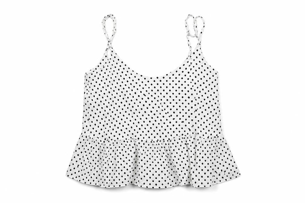 Front view of Topshop women’s white polka dot basic tank, size UK 6