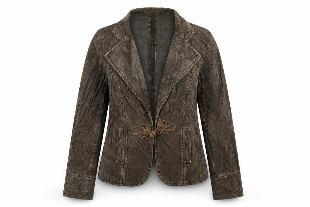 Front view of Per Una women’s grey corduroy jacket blazer, size UK 14