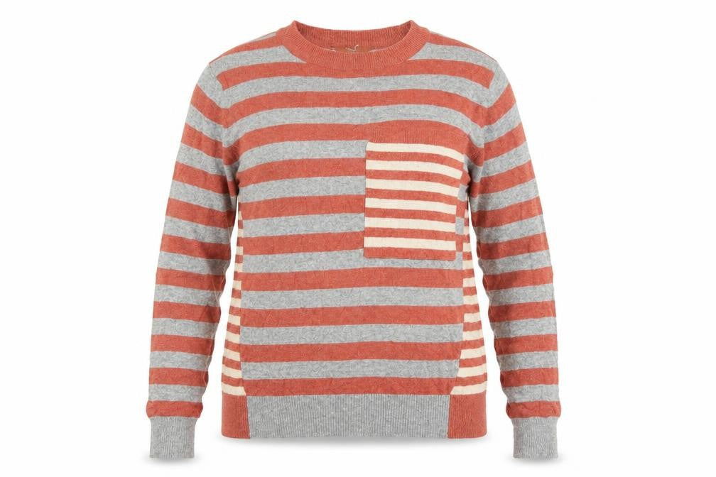 Front view of Next women’s red striped full zip jumper, size UK 6