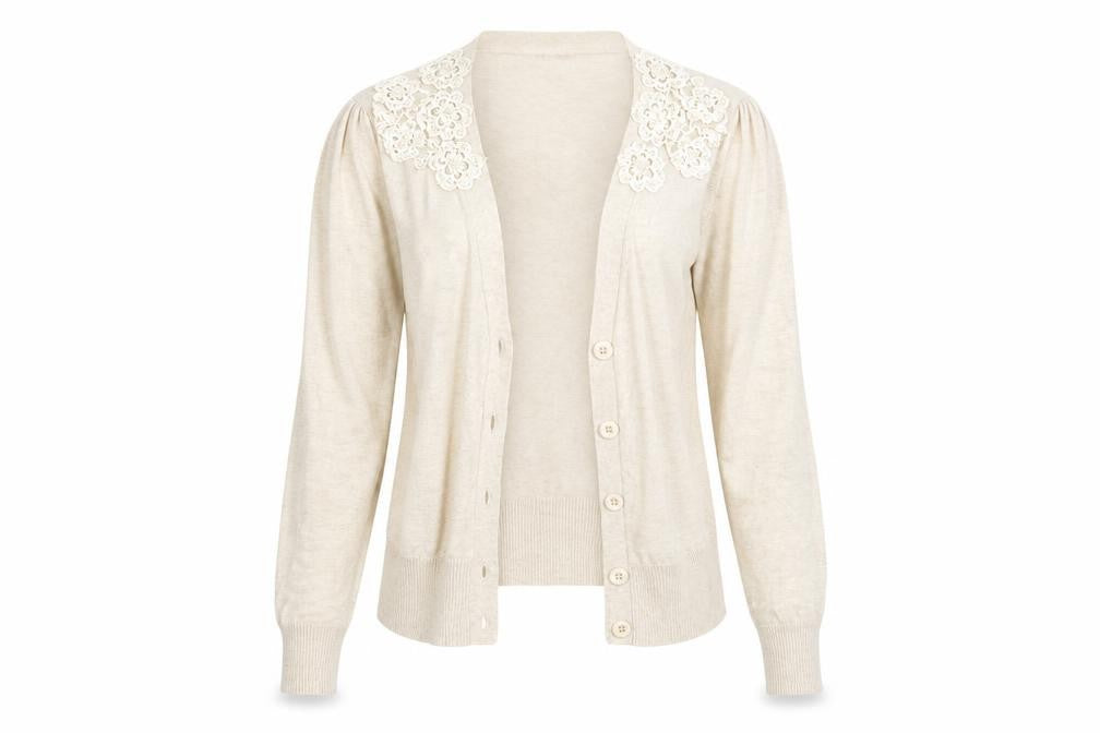 Front view of Forever women’s beige cape jumper, size M, - m