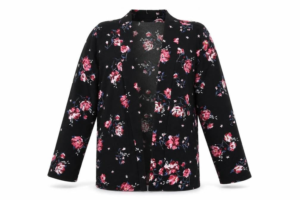 Front view of H&M women’s black floral jacket coatigan, size S