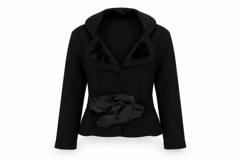Front view of APANAGE women’s black jacket, size UK 12