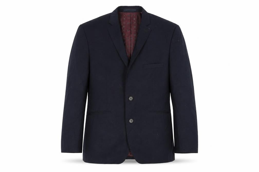 Front view of Burton men’s blue jacket suit jacket, size 40