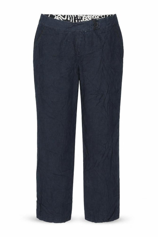 Front view of Preworn women’s blue trousers, size UK 14, 26-inch leg
