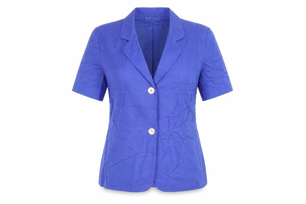 Front view of Oleg Cassini women’s blue jacket, size UK 6