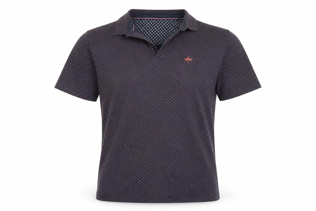 Front view of Easy men’s blue polo, size M