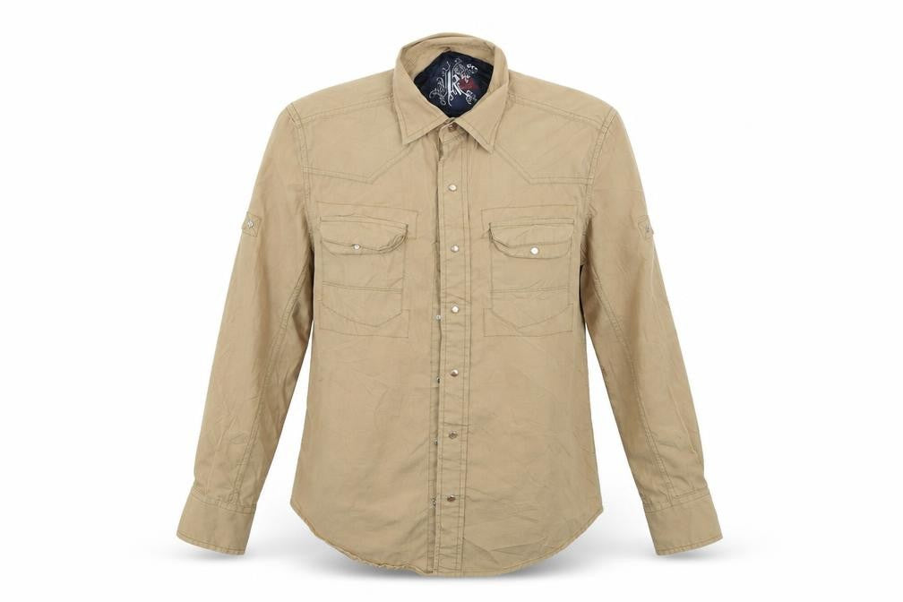Front view of K2 women’s beige basic button-up, size S