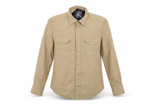 Front view of K2 women’s beige basic button-up, size S
