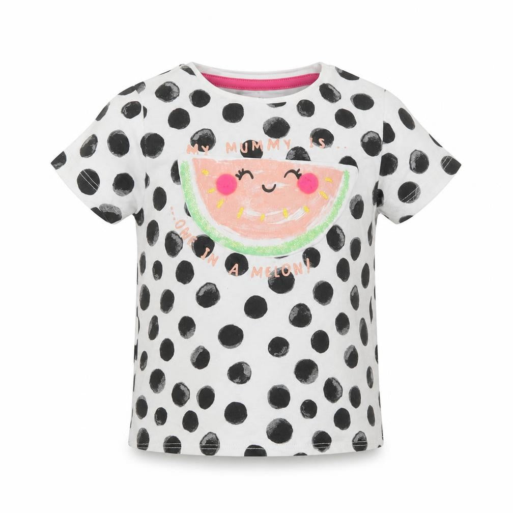 Front view of F&F girls’ white polka dot basic t-shirt, size 3-6, months