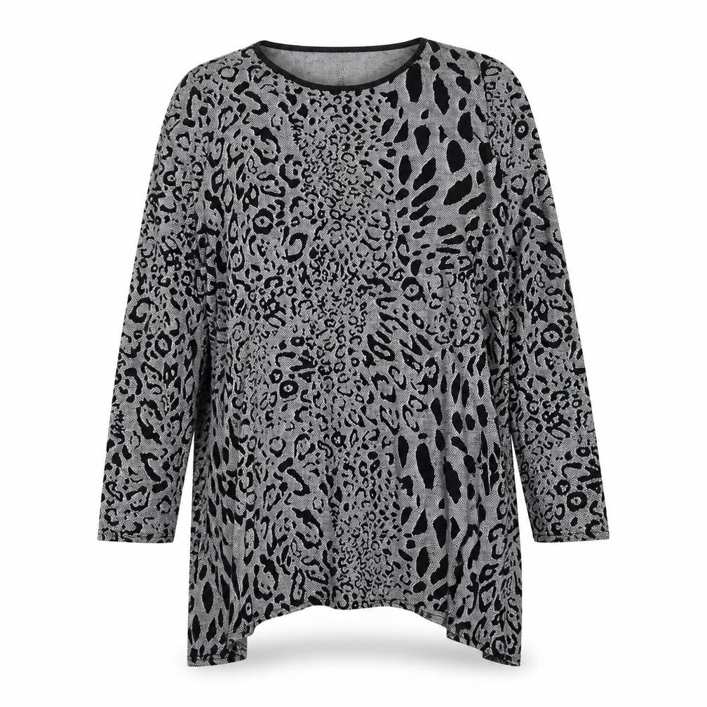 Front view of KDK London women’s grey animal print jumper, size L