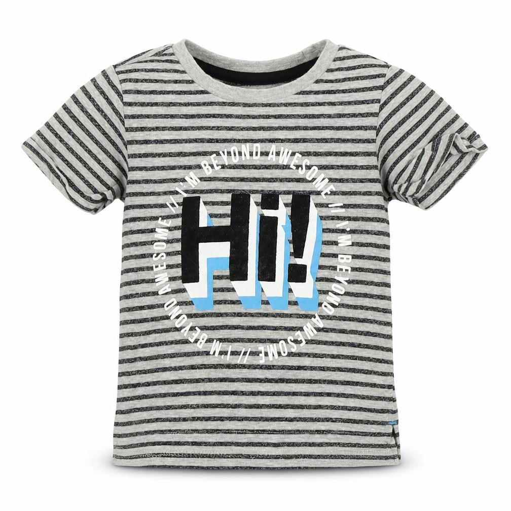 Front view of Grey boys’ grey striped basic t-shirt, size 9-12, months