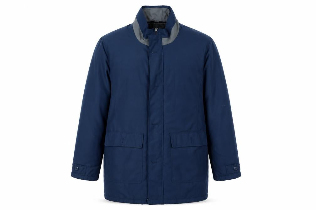 Front view of Premier Man men’s blue rain coat coat, size M