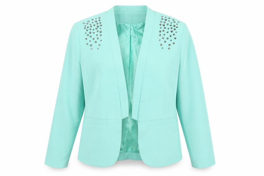 Front view of candalite women’s blue jacket blazer, size XL