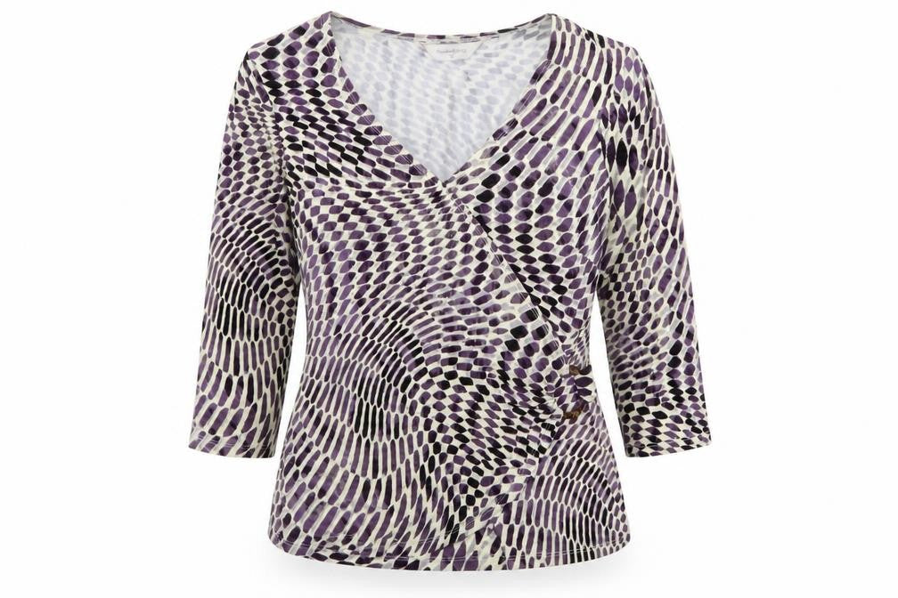 Front view of thestockshop women’s purple geometric basic t-shirt, size UK 14