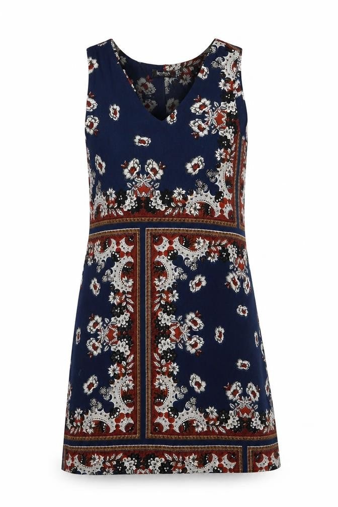 Front view of Boohoo women’s blue geometric a-line, size UK 8