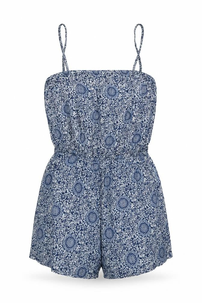 Front view of vero women’s blue geometric playsuit one-piece, size S