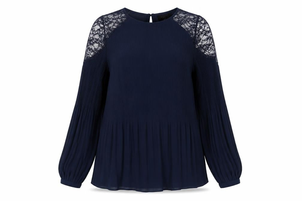 Front view of Next women’s blue basic blouse, size UK 8, - lace shoulder detail