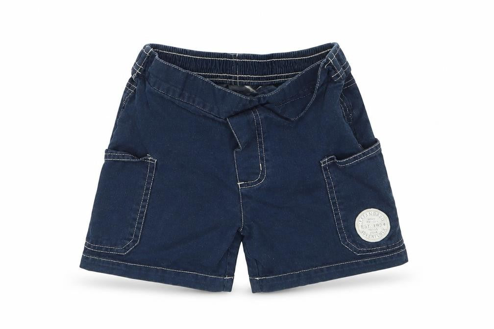 Front view of TINY TED boys’ blue animal print chino shorts, size 2-3, years