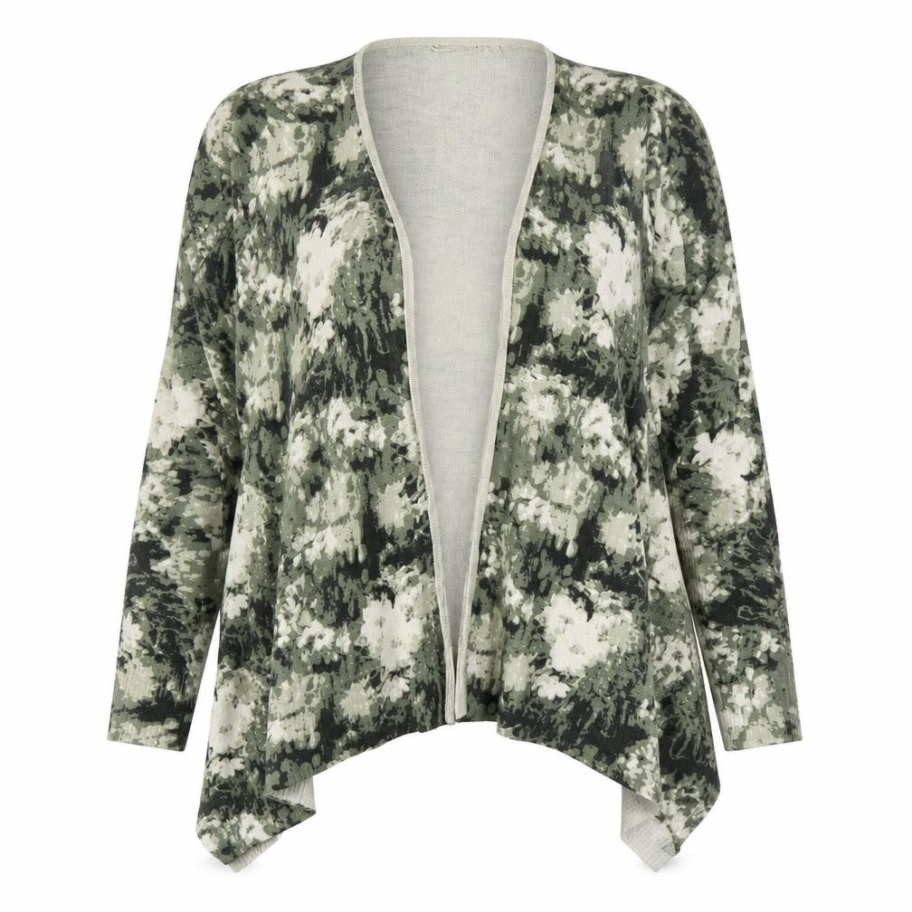 Front view of Tu women’s green camouflage cardigan jumper, size UK 12