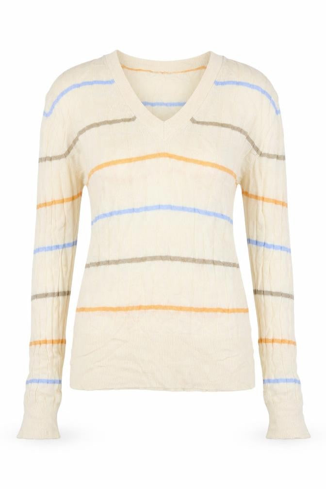 Front view of Marks & Spencer women’s beige striped jumper, size S