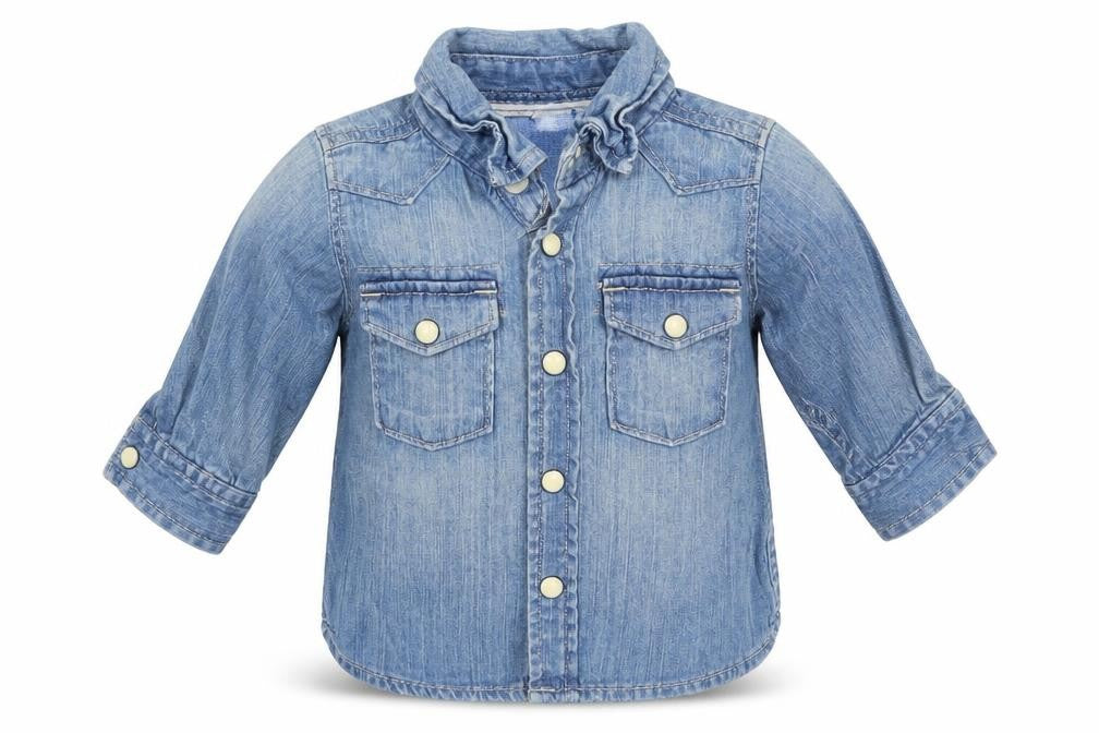 Front view of Gap Baby Blue Denim Basic Button-Up, size 3-6, Months