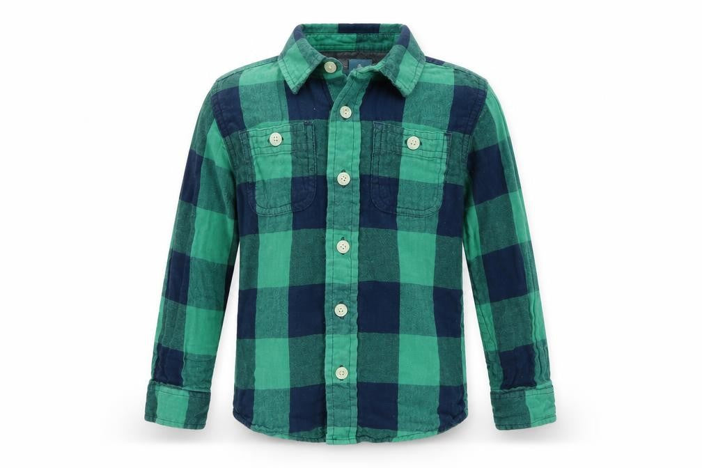 Front view of Baby Gap boys’ green plaid basic button-up, size 4, years