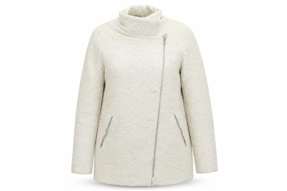 Front view of Mini Velvet women’s beige jacket coat, size UK 10