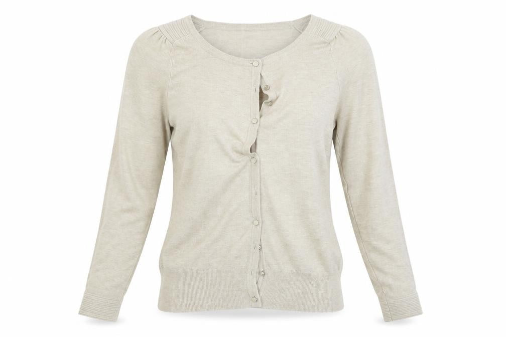 Front view of Wallis women’s beige cardigan jumper, size UK 8