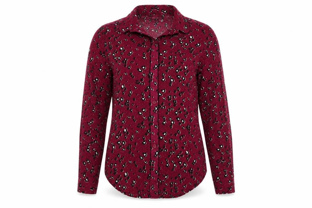 Front view of Next women’s purple animal print basic button-up, size UK 8
