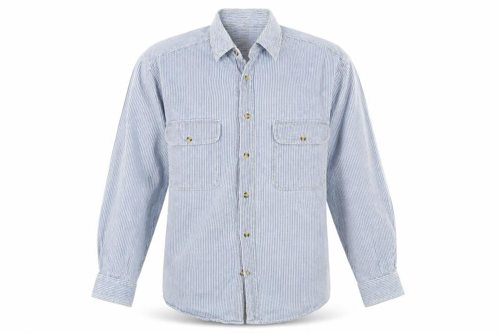 Front view of Americano men’s blue striped button-up, size L