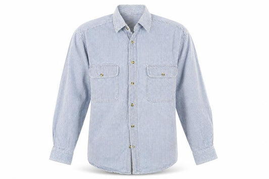 Front view of Americano men’s blue striped button-up, size L