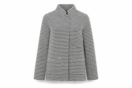 Front view of Marks & Spencer women’s white striped jacket, size UK 12