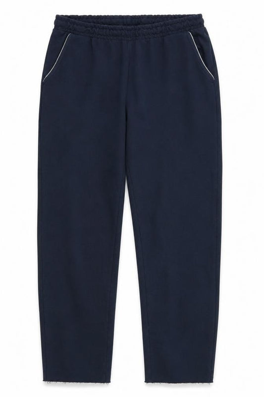 Front view of Preworn men’s blue sweatpants, size 28, 27-inch leg - cropped
