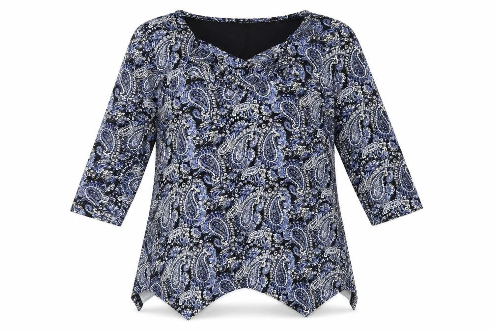 Front view of TIGI women’s blue paisley basic blouse, size UK 10